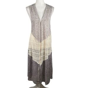 Democracy Gray‎ & Cream Lace Boho Casual Festival Fall Open Cardigan Size Small
